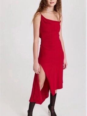 MONSE Red Asymmetrical Slip Dress with High Side Slit